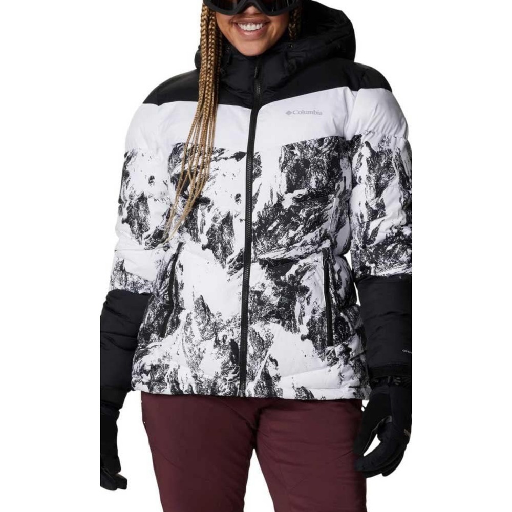 Columbia Womens Omni-Heat Puffer Jacket XL Black White Mountain Print Ski‎ Coat